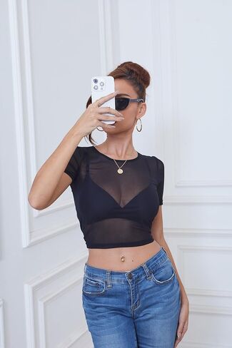 VintageClothing المرأة بقماش شفاف المحاصيل الأعلى مثير انظر من خلال بلوزة قصيرة الأكمام المجهزة أعلى نادي حفلة ليلة خارج مهرجان ارتداء in Kuwait