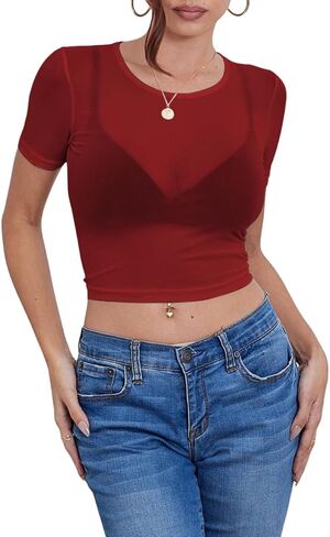 VintageClothing المرأة بقماش شفاف المحاصيل الأعلى مثير انظر من خلال بلوزة قصيرة الأكمام المجهزة أعلى نادي حفلة ليلة خارج مهرجان ارتداء in Kuwait