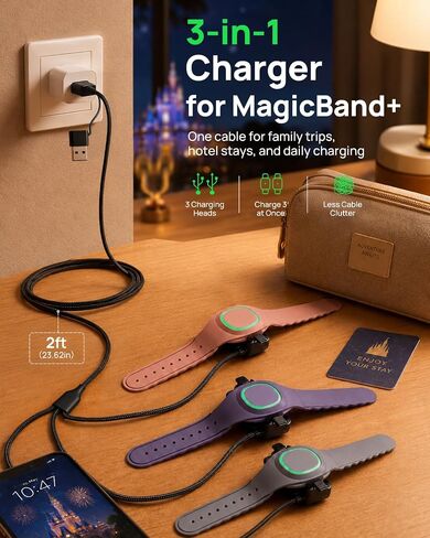 BlackPro متوافق مع MagicBand+ شاحن 3 في 1، كابل شحن ثلاثي USB-C وUSB-A بطول 2 قدم مع 3 رؤوس شحن، شاحن سفر بديل لـ Disney-MagicBand Plus in Kuwait