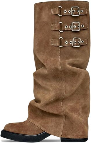 Knee High Boots Women Fall Slouchy Fold Over Tall Boots - Motorcycle, Hidden Zipper, Fashion Buckle, Platform, Square Toe in Kuwait