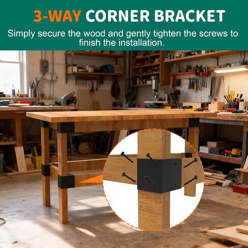 8 Pack Workbench Brackets Kits, 3-Way Right Angle Corner Braces | Fit 2"x4" Wood, Black Heavy Duty Steel, for DIY Workbench, Shelving and Garage Storage in Kuwait