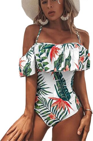 Women One Piece Off Shoulder Swimsuits Floral Print Ruffle Vintage Bathing Suits Tummy Control Swimwear for Beach Wear in Kuwait