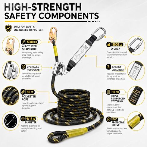 50FT Vertical Lifeline Assembly, Safety Rope,Fall Protection Rope cuerda, Safety Rope for Roofing,Polyester Roofing Rope with Hooks, Rope Grab, Roof Anchor and Knee Pads; ANSI Compliant in Kuwait