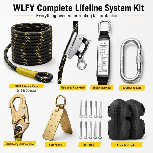 50FT Vertical Lifeline Assembly, Safety Rope,Fall Protection Rope cuerda, Safety Rope for Roofing,Polyester Roofing Rope with Hooks, Rope Grab, Roof Anchor and Knee Pads; ANSI Compliant in Kuwait