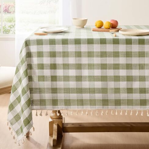 Softalker Outdoor Checkered Tablecloth, Linen Cotton Gingham Table Cloths for 6 Foot Rectangle Tables with Tassel, Heavy Duty Wrinkle Free Plaid Table Cover for Picnic Camping - 55 x 84 Inch, Sage in Kuwait