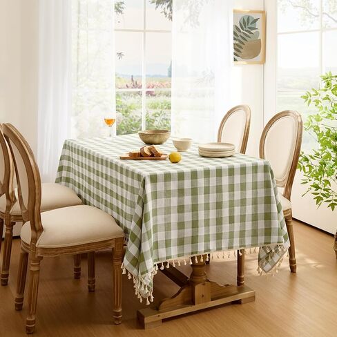 Softalker Outdoor Checkered Tablecloth, Linen Cotton Gingham Table Cloths for 6 Foot Rectangle Tables with Tassel, Heavy Duty Wrinkle Free Plaid Table Cover for Picnic Camping - 55 x 84 Inch, Sage in Kuwait