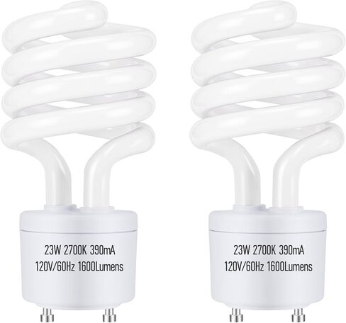 GU24 23Watt 2700K 1600lm CFL لمبات الإضاءة، T3 لولبية Gu24 Base 2 Prong (ما يعادل 100W) مصابيح الفلورسنت البيضاء الناعمة المدمجة، معتمدة من UL، 120 فولت 60 هرتز، صابورة ذاتية، استخدام داخلي (عبوتان) in Kuwait