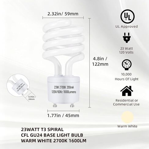 GU24 23Watt 2700K 1600lm CFL لمبات الإضاءة، T3 لولبية Gu24 Base 2 Prong (ما يعادل 100W) مصابيح الفلورسنت البيضاء الناعمة المدمجة، معتمدة من UL، 120 فولت 60 هرتز، صابورة ذاتية، استخدام داخلي (عبوتان) in Kuwait
