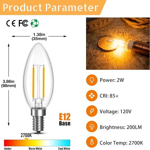 عكس الضوء B11 LED E12 لمبة 25 واط لمبات الشمعدانات (تساوي 2 واط، 25 واط نوع B لمبة الضوء الأبيض الدافئ 2700K 200LM للثريا، Cights شمعة الكريستال، مصباح، حزمة من 6 in Kuwait