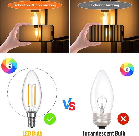 عكس الضوء B11 LED E12 لمبة 25 واط لمبات الشمعدانات (تساوي 2 واط، 25 واط نوع B لمبة الضوء الأبيض الدافئ 2700K 200LM للثريا، Cights شمعة الكريستال، مصباح، حزمة من 6 in Kuwait