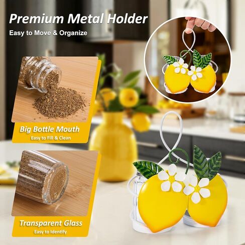 Lemon Cute Salt and Pepper Shakers Set with Holder - 2oz Seasoning Containers with Lemon Decor Holder, Yellow Kitchen Decor and Accessories, Housewarming Gifts for Women, Portable Metal Stand in Kuwait