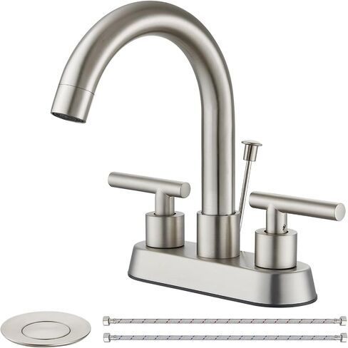4 Inch Centerset Bathroom Sink Faucet with Lift Rod Drain Stopper, 3 Hole Two Handle Vanity Faucet with Supply Lines, for Bathroom, RV, Laundry, Farmhouse, Brushed Nickel in Kuwait