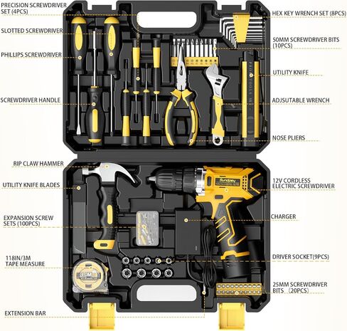 Sundpey Home Tool Kit with Drill - 166-Piece General Basic Home Repair Tool Set with 12V Cordless Power Drill & Battery & Charger & Portable Tool Box for Garden Office House Apartment Repair Men Women in Saudi Arabia