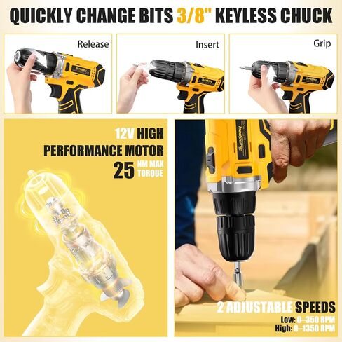 Sundpey Home Tool Kit with Drill - 166-Piece General Basic Home Repair Tool Set with 12V Cordless Power Drill & Battery & Charger & Portable Tool Box for Garden Office House Apartment Repair Men Women in Saudi Arabia