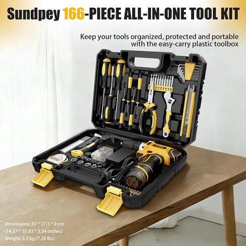 Sundpey Home Tool Kit with Drill - 166-Piece General Basic Home Repair Tool Set with 12V Cordless Power Drill & Battery & Charger & Portable Tool Box for Garden Office House Apartment Repair Men Women in Saudi Arabia