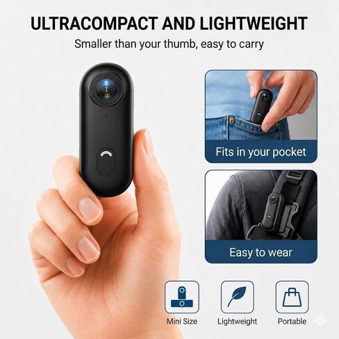 Winnes 4K Mini Body Camera, Action Body Cam Thumb Sports Camera Hands Free Waterproof 30M POV Video Recording Wearable with Necklace,Magnetic Clip,Helmet Cam for Cycling,Ski,Motorcycle,Pets-Black in Saudi Arabia