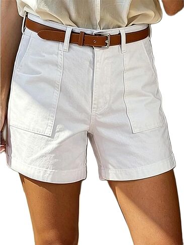 Flamingals Straight Leg High Waist Shorts for Women Mid Thigh Length Summer Trendy Shorts with Patched Pockets in Kuwait