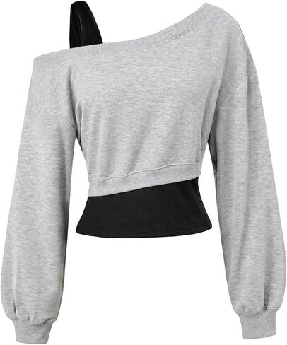 Remidoo Womens Off The Shoulder Cropped Sweatshirt Long Sleeve Crop Top Color Block Asymmetrical Shirt in Kuwait