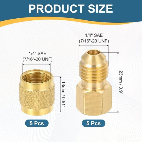 PATIKIL 5Pcs 1/4" Male Flare Plug + 5Pcs 1/4" Female Flare Cap, Brass SAE 45 Degree Flared Tube Fitting Pipe Seal Plugs HVAC Valve Caps AC Service Kits with Neoprene O-Ring Seal in Kuwait