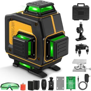 مستوى الليزر 360 ذاتي التسوية 4 × 360 درجة 16 خطًا متقاطعًا 4D أداة مستوى الليزر الأخضر مع بطاريتين، شاحن، للبناء/تعليق الصور/الأرضية/البلاط (فئة الليزر ll، خرج طاقة <1 مللي واط) in Kuwait