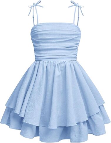 Verdusa Girl's Bow Tie Shoulder Sleeveless Princess Dress Ruched Tiered Layered Summer Dresses in Saudi Arabia