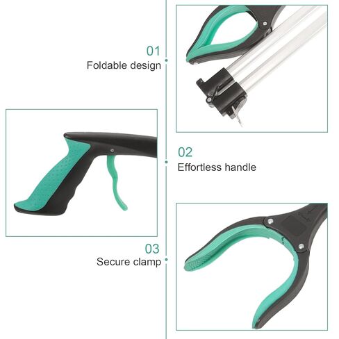 Foldable Trash Grabber Tool with Long Handle, Heavy Duty Garbage Picker Clamp for Litter Pickup, Green Three-fold Design for Outdoor and Sanitation Use in Kuwait