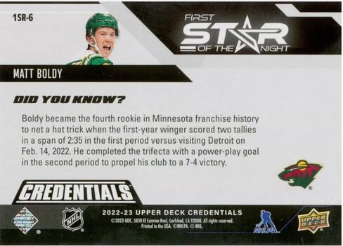 2022-23 Upper Deck Credentials Star of The Night Rookies Matt Boldy Rookie Card RC #1SR-6 in Kuwait