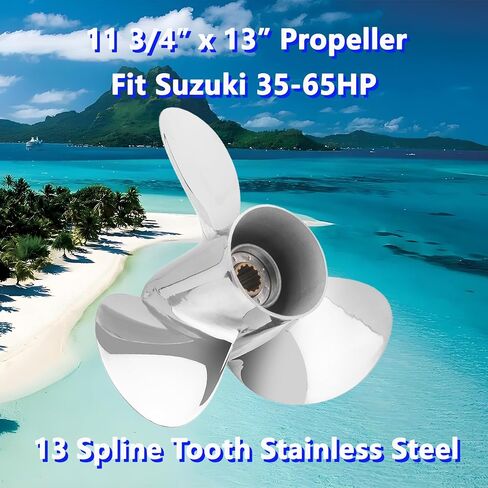 11 3/4 × 13 مروحة قارب خارجية من الفولاذ المقاوم للصدأ لمحركات سوزوكي 35-65HP، 13 أسنان خدد، 3 شفرات، متوافقة مع سوزوكي 35HP 40HP 50HP 55HP 60HP 65HP، RH in Kuwait