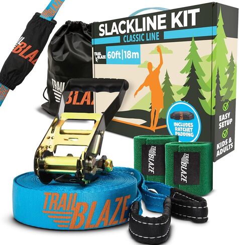 Essential Slackline Kit for Kids & Adults - 60ft Ninja Line (Blue) | 300 lb Capacity, Extra-Wide Tree Protectors, 3 Year Warranty in Saudi Arabia