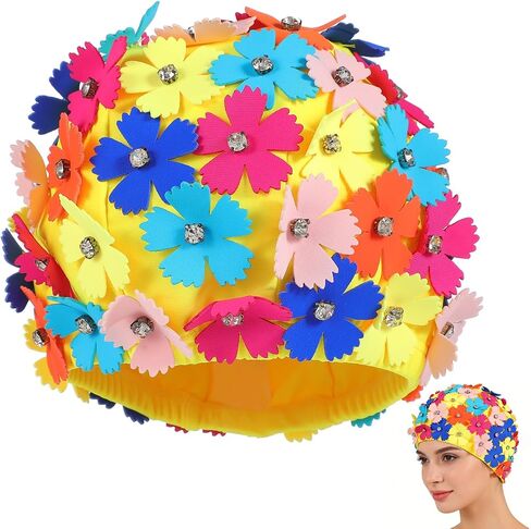 TOYANDONA Swim Cap for Women - Elastic Flower Swimming Cap with Rhinestone for Adult Youth Long Hair Thin Braids Bath Pool Shower, Easy to Put On and Off in Kuwait