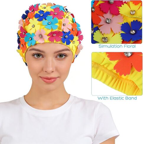 TOYANDONA Swim Cap for Women - Elastic Flower Swimming Cap with Rhinestone for Adult Youth Long Hair Thin Braids Bath Pool Shower, Easy to Put On and Off in Kuwait