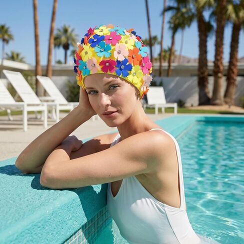 TOYANDONA Swim Cap for Women - Elastic Flower Swimming Cap with Rhinestone for Adult Youth Long Hair Thin Braids Bath Pool Shower, Easy to Put On and Off in Kuwait