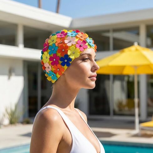 TOYANDONA Swim Cap for Women - Elastic Flower Swimming Cap with Rhinestone for Adult Youth Long Hair Thin Braids Bath Pool Shower, Easy to Put On and Off in Kuwait