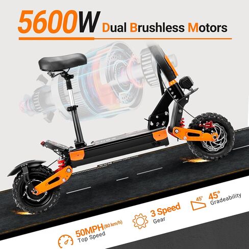 ZSNAKE Electric Scooter for Adults High Power 5600W Dual Motors Top Speed 50 MPH, 60V 30Ah Battery 60+ Miles Range, 11" Tubeless Off-Road Tire Sports Folding E-Scooter with Seat in Kuwait