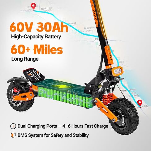 ZSNAKE Electric Scooter for Adults High Power 5600W Dual Motors Top Speed 50 MPH, 60V 30Ah Battery 60+ Miles Range, 11" Tubeless Off-Road Tire Sports Folding E-Scooter with Seat in Kuwait