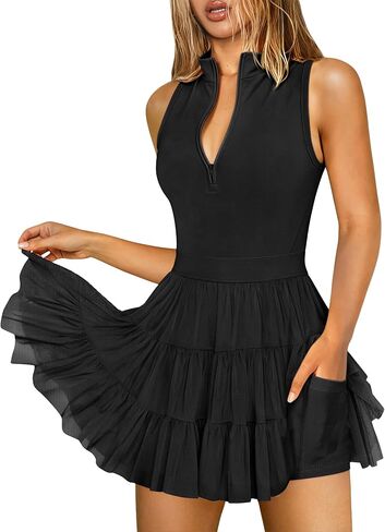 Hragc Womens Tennis Pleated Ruffle Athletic Dress for Women Zip Up Workout Sleeveless Mini Golf Dresses with Shorts Pockets in Kuwait