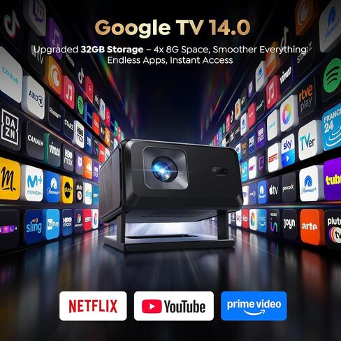 جهاز عرض ذكي [مرفق مع Google TV Stick ودعم 4K] مع واي فاي وبلوتوث، جهاز عرض صغير محمول للأفلام القصيرة في الهواء الطلق مع تطبيقات مدمجة للتركيز التلقائي لسقف غرفة النوم والمسرح المنزلي in Kuwait