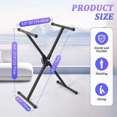 Keyboard Stand, Single X Style Folding Digital Piano Stand, Heavy Duty Stable Steel Construction, Adjustable Width & Height with Locking Straps, Portable Sleek Black Stand for Electronic Keyboards in Kuwait