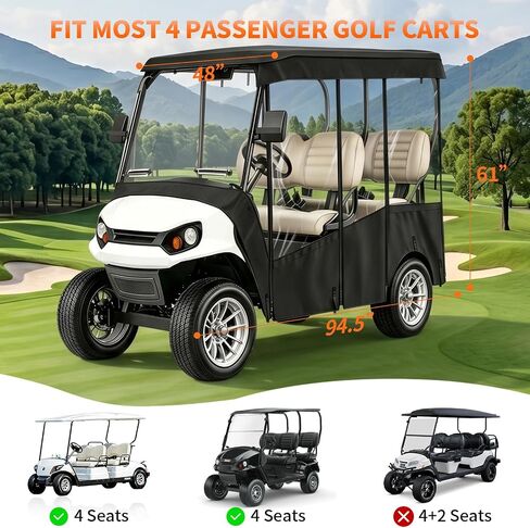 Golf Cart Cover 4 Passenger with Clear PVC Windows, 420D Heavy Duty Waterproof Golf Cart Seat Cover for 86" Roof Yamaha EZGO Club Car, Windproof All-Weather Golf Cart Accessories in Kuwait