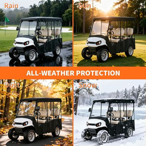 Golf Cart Cover 4 Passenger with Clear PVC Windows, 420D Heavy Duty Waterproof Golf Cart Seat Cover for 86" Roof Yamaha EZGO Club Car, Windproof All-Weather Golf Cart Accessories in Kuwait