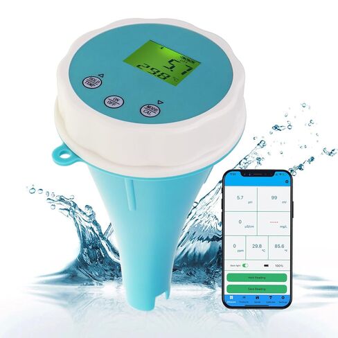 Floating Smart Digital Pool Thermometer - 6-in-1 Bluetooth Water Meter, IP67 Waterproof, Tests EC, Salinity, pH, ORP, Temperature, Chlorine for Swimming Pools, Hot Tubs, Ponds in Kuwait