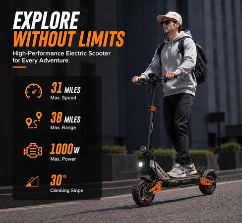 Electric Scooter for Adults, 1000W Motor, Up to 31 MPH Top Speed & 38 Miles Range, Dual Suspension, 10" All-Terrain Tires, Turn Signals, Foldable E Scooter with Dual Brakes & LCD Display in Kuwait