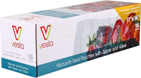 أكياس Vesta Precision Vacuum Seal - أكياس مانعة للتسرب شفافة ومنقوشة مع سحاب وصمام - رائعة لتخزين الطعام والفيديو - 11 × 16 بوصة - 15 كيسًا مفرغًا في كل صندوق in Kuwait