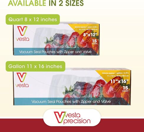 أكياس Vesta Precision Vacuum Seal - أكياس مانعة للتسرب شفافة ومنقوشة مع سحاب وصمام - رائعة لتخزين الطعام والفيديو - 11 × 16 بوصة - 15 كيسًا مفرغًا في كل صندوق in Kuwait