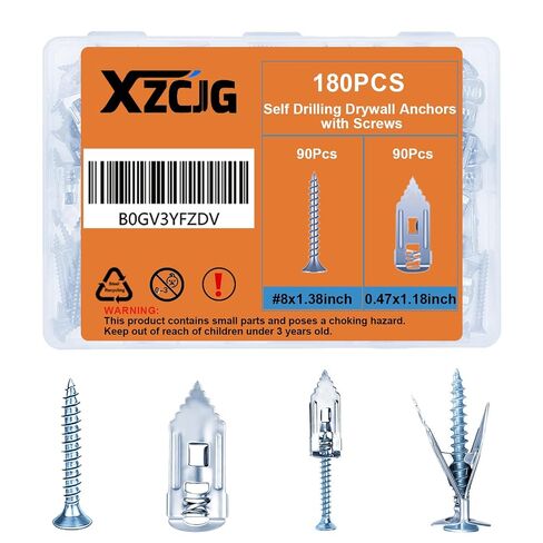 Self Drilling Drywall Anchors with Screws for Shelf, Mirror,Picture Frames | 180 pcs,No Drilling,Mess Free,Mini Damage,Carbon steel,Hold on 66 Pound in Kuwait