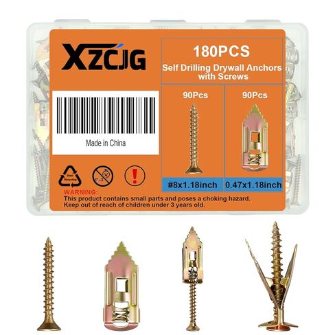 Self Drilling Drywall Anchors with Screws for Shelf, Mirror,Picture Frames | 180 pcs,No Drilling,Mess Free,Mini Damage,Carbon steel,Hold on 66 Pound in Kuwait