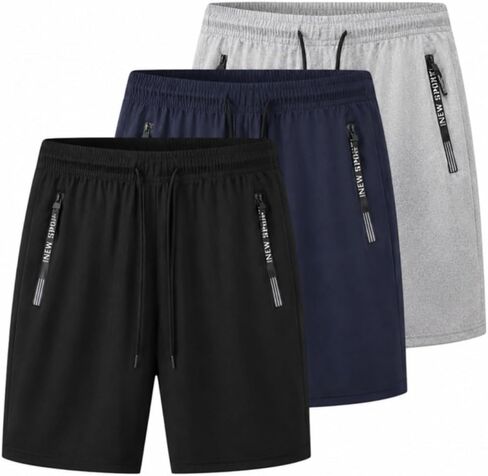3Pack Men's Jogging Shorts Set with Zipper Pockets, Quick Dry Breathable Loose Fit Athletic Shorts in Kuwait