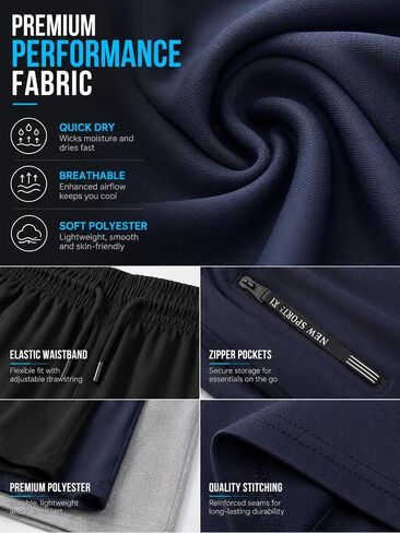 3Pack Men's Jogging Shorts Set with Zipper Pockets, Quick Dry Breathable Loose Fit Athletic Shorts in Kuwait