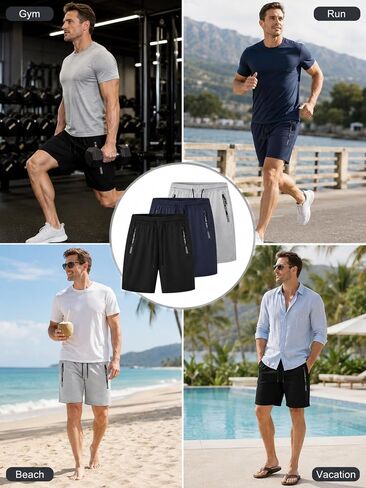 3Pack Men's Jogging Shorts Set with Zipper Pockets, Quick Dry Breathable Loose Fit Athletic Shorts in Kuwait