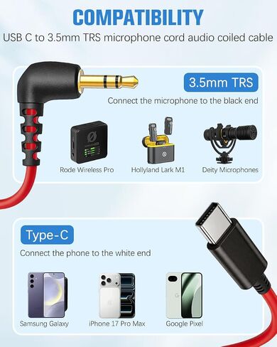 كابل محول ميكروفون لـ Rode Wireless Pro GO 2 / ME USB C إلى 3.5 ملم كابل ملفوف لهواتف Hollyland Lark M1 / ​​M2 / MAX / 150 / MAX Duo DAC Android iPhone 15 17 Pro Max 16e 15 Plus in Kuwait